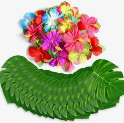 Tropical Palm Leaves & Artificial Hibiscus Flowers Table Decor Set, 60 Count — Hawaiian Luau and Safari Theme Party Supplies