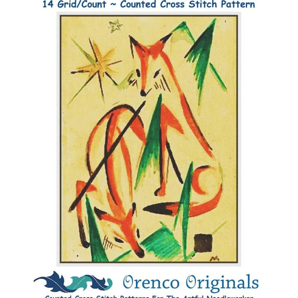 Two Foxes Sketch by Expressionist Artist Franz Marc Counted Cross Stitch Pattern