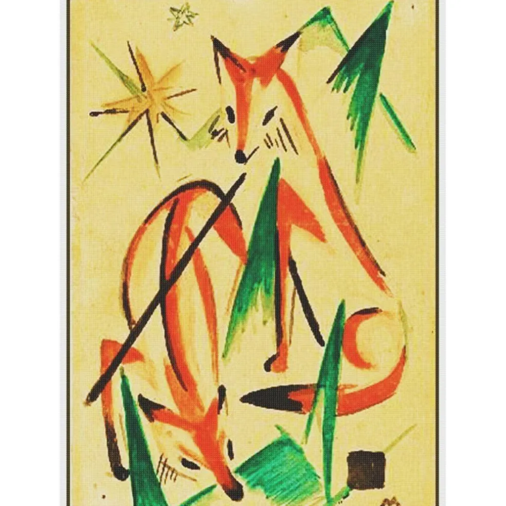 Two Foxes Sketch by Expressionist Artist Franz Marc Counted Cross Stitch Pattern