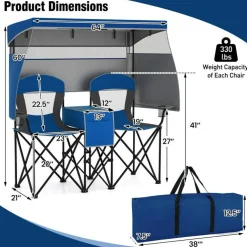 Two-Person Beach Chair with Canopy and 3-Side Shade Curtains Adjustable