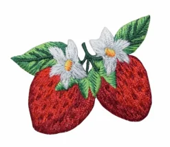 Two Strawberries with White Blossoms, Fruit, Embroidered, Iron on Patch