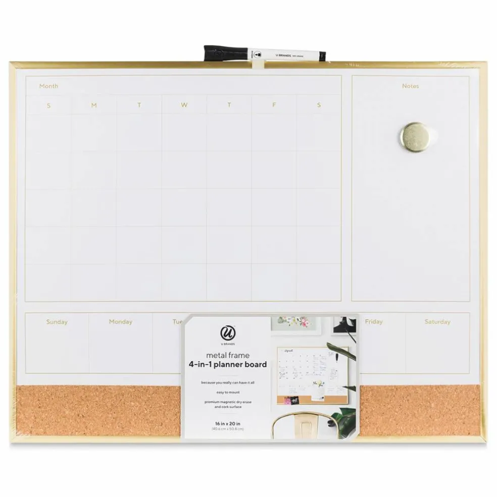 U Brands Gold Frame Dry Erase 2-in-1 Planner Board - 16" x 20"