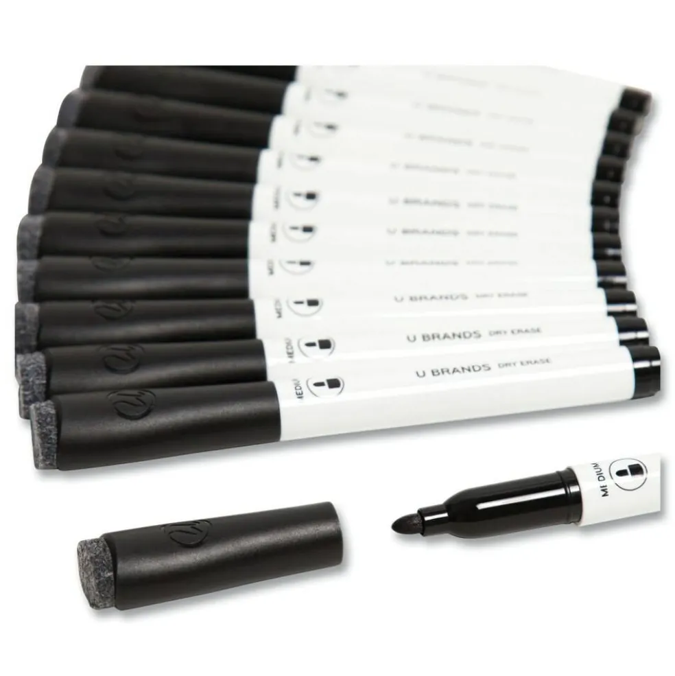 U Brands Medium Bullet Tip Medium Point Low-Odor Dry-Erase Markers with Erasers - Black (1 Dozen)