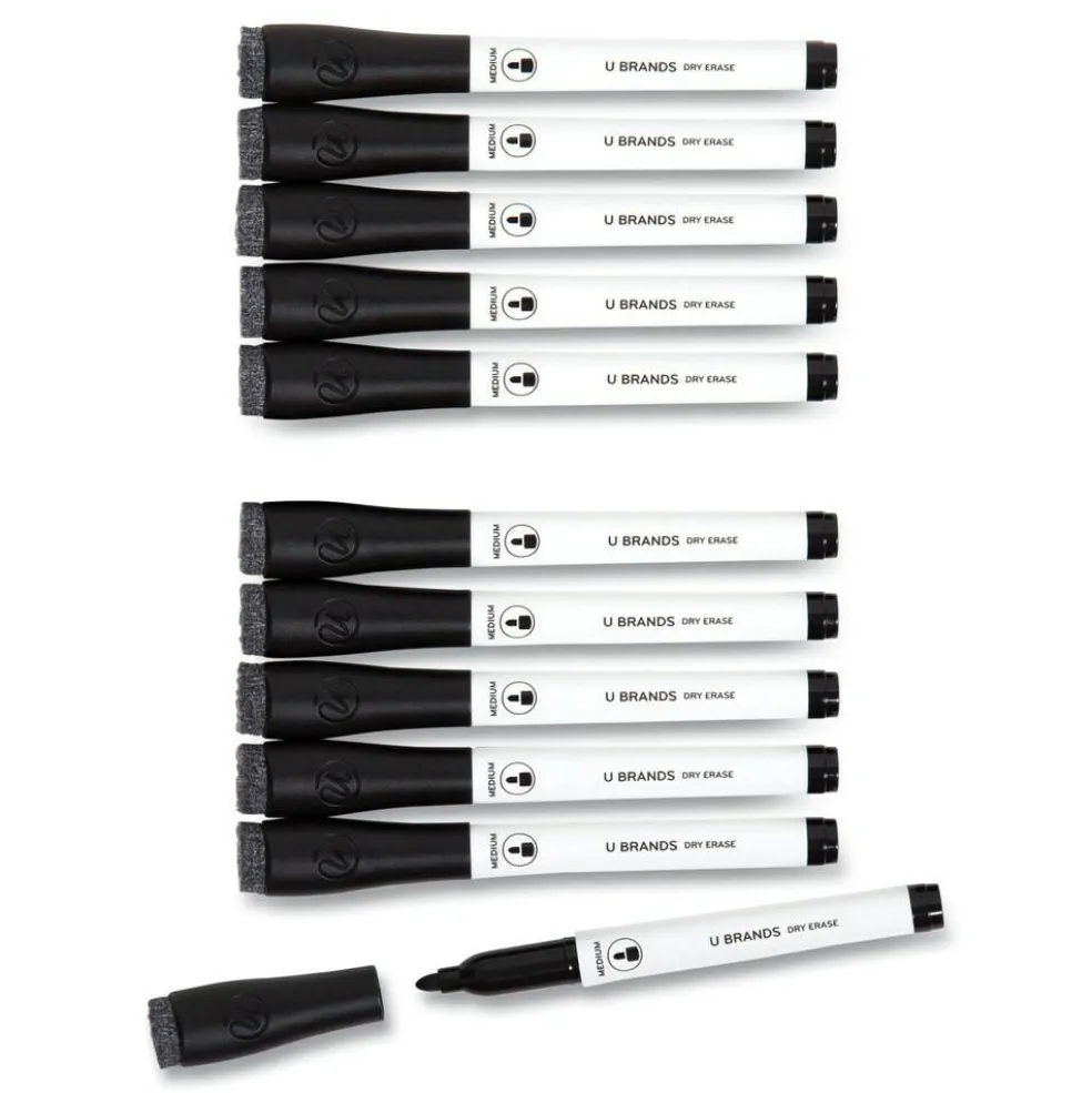 U Brands Medium Bullet Tip Medium Point Low-Odor Dry-Erase Markers with Erasers - Black (1 Dozen)