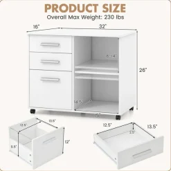 Under Desk File Cabinet with 3 Drawers, Mobile Office Storage Cabinet with Adjustable Shelf, Locking Casters and Printer Stand, 32