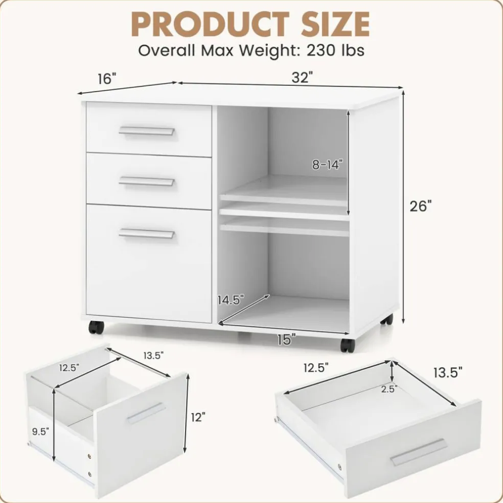 Under Desk File Cabinet with 3 Drawers, Mobile Office Storage Cabinet with Adjustable Shelf, Locking Casters and Printer Stand, 32" White Filing Cabinet