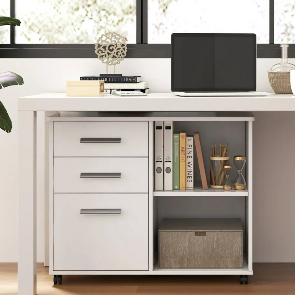 Under Desk File Cabinet with 3 Drawers, Mobile Office Storage Cabinet with Adjustable Shelf, Locking Casters and Printer Stand, 32" White Filing Cabinet