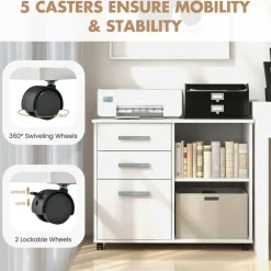 Under Desk File Cabinet with 3 Drawers, Mobile Office Storage Cabinet with Adjustable Shelf, Locking Casters and Printer Stand, 32