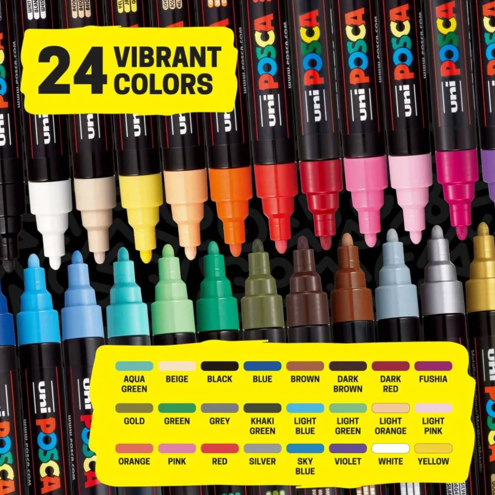 uni® POSCA PC-5M 1.8-25mm Reversible Medium Tip 24 Color Water-Based Paint Markers