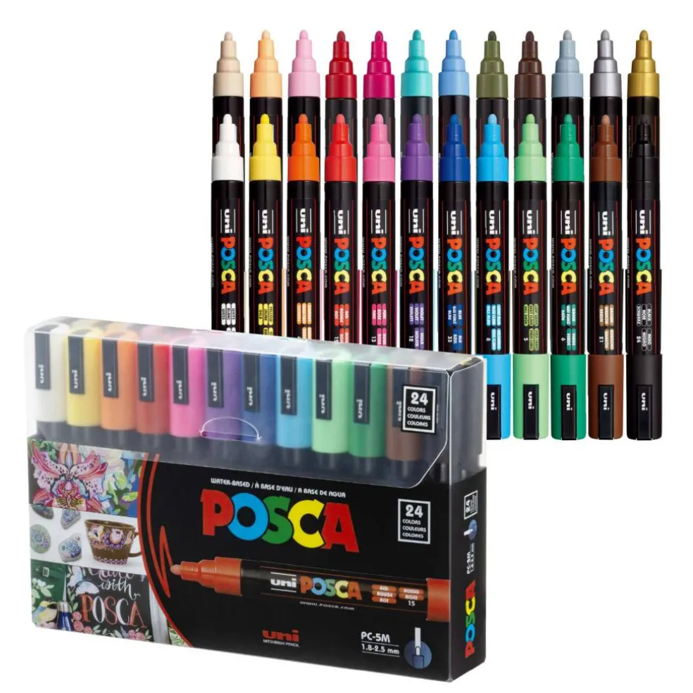 uni® POSCA PC-5M 1.8-25mm Reversible Medium Tip 24 Color Water-Based Paint Markers