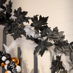 Valery Madelyn 9ft Halloween Garland with Lights, Thick Pre-Lit Light Up Black Maple Leaf Garland Halloween Decor for Mantle Fireplace Table Home Indoor