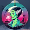 Vaperwave Mrs Frankenstein Retro Neon Horror Ornament, Synthwave 80's Styled Classic Halloween Gift and Decor