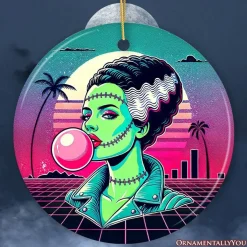 Vaperwave Mrs Frankenstein Retro Neon Horror Ornament, Synthwave 80's Styled Classic Halloween Gift and Decor