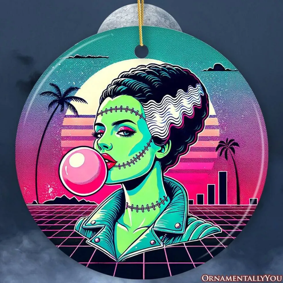 Vaperwave Mrs Frankenstein Retro Neon Horror Ornament, Synthwave 80's Styled Classic Halloween Gift and Decor