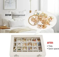 Velvet Jewelry Box 24-Grid Ring & Earring Display Organizer Tray – Jewelry Storage Case for Women, Girls, Wife, Mom (Beige)