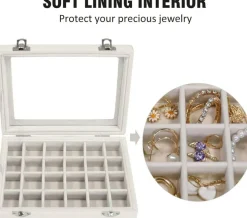 Velvet Jewelry Box 24-Grid Ring & Earring Display Organizer Tray – Jewelry Storage Case for Women, Girls, Wife, Mom (Beige)