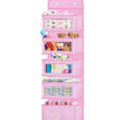 VERONLY Over the Door Hanging Organizer with 5 Large Pockets - Wall Mount Pantry Storage with 2 Big Metal Hooks for Baby Girl’s Diapers Closet,Bathroom,Nursery,Bedroom,Dorm,Baby,Kids Toys (Pink)
