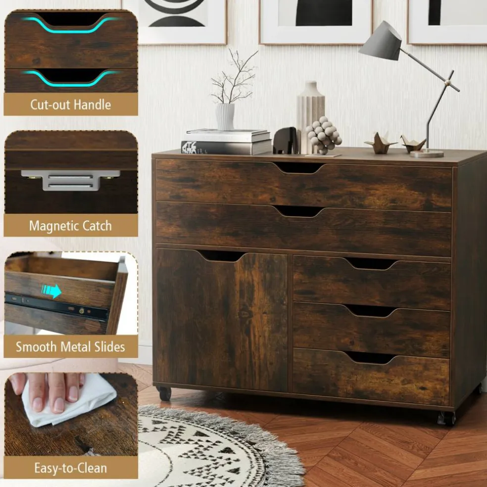 Vertical 5-Drawer Mobile Chest with 5 Casters, Storage Cabinet with Locking Wheels