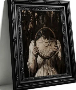 Vintage Gothic Mirror Woman Framed Wall Art, Dark Academia Forest Canvas Print with Ornate Black Frame, Moody Victorian Artwork 9x11 Inch for Bedroom Living Room Entryway Decor