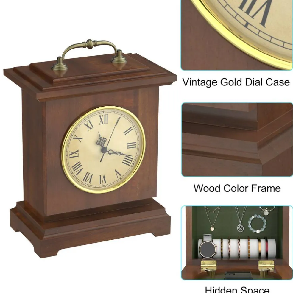 Vintage Mantel Clock with Hidden Safe, Silent Non-Ticking Wooden Desk Clock