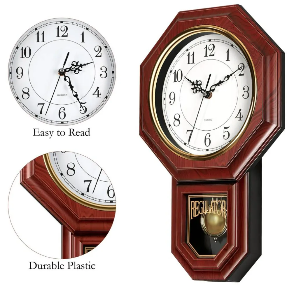 Vintage Regulator Pendulum Wall Clock, 17.7in Silent Quartz Decorative Clock