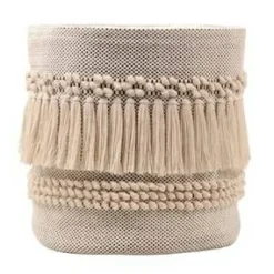 VIP Cotton Storage Basket, 12-Inch Brown Textured Basket with Tassels – Boho Fabric Organizer for Home, Nursery & Shelves