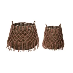 VIP Grass Natural Brown Basket with Tassels, 15.74 Inch Decorative Basket Set of 2