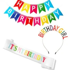 VUDECO 3PCs Rainbow Birthday Crown Birthday Girl Sash Tiara Kit