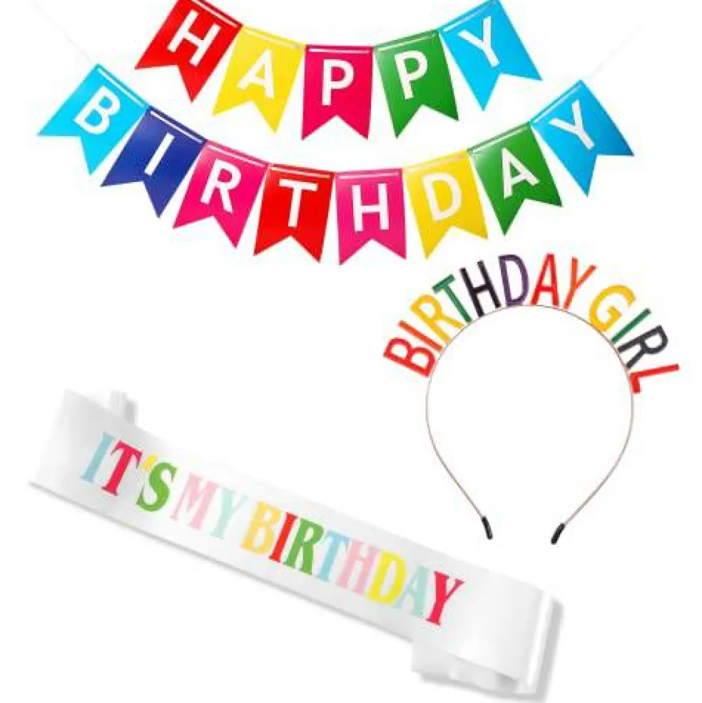 VUDECO 3PCs Rainbow Birthday Crown Birthday Girl Sash Tiara Kit