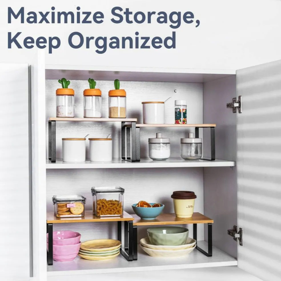 VUSIGN Cabinet Organizer Shelf, 4 Sets Kitchen Counter Shelves, Stackable Expandable Spice Rack,Cloud White and Natural Beige