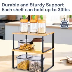 VUSIGN Cabinet Organizer Shelf, 4 Sets Kitchen Counter Shelves, Stackable Expandable Spice Rack,Cloud White and Natural Beige