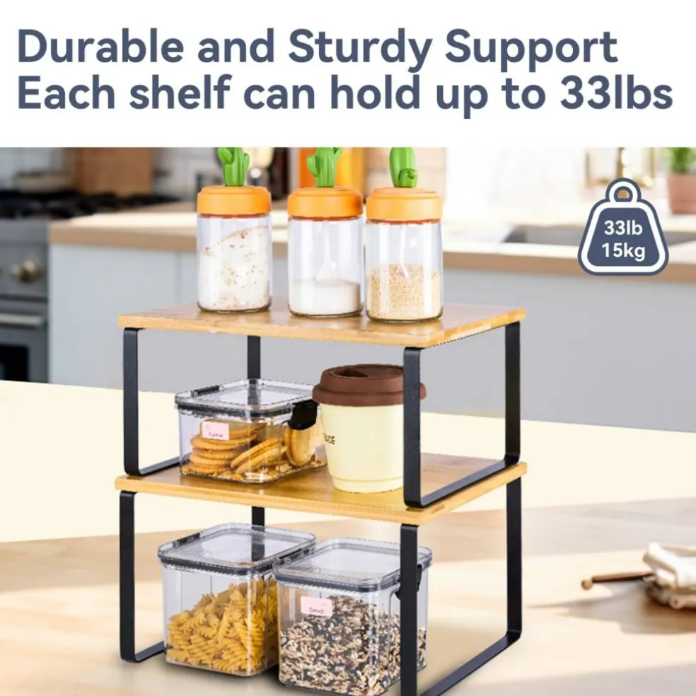 VUSIGN Cabinet Organizer Shelf, 4 Sets Kitchen Counter Shelves, Stackable Expandable Spice Rack,Cloud White and Natural Beige
