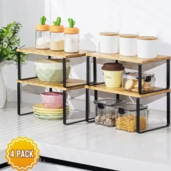 VUSIGN Cabinet Organizer Shelf, 4 Sets Kitchen Counter Shelves, Stackable Expandable Spice Rack,Cloud White and Natural Beige