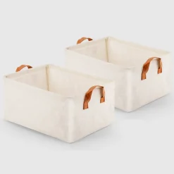 VUSIGN Non‑Woven Storage with Handle Medium Light Beige – 12.8″×10″×7.2″ Fabric Organizer Bin with Handles for Home & Closet (2-Pack)