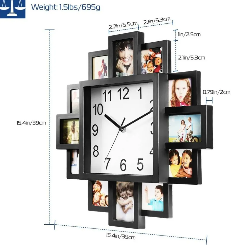 Wall Clock with 12-Picture Photo Collage Display