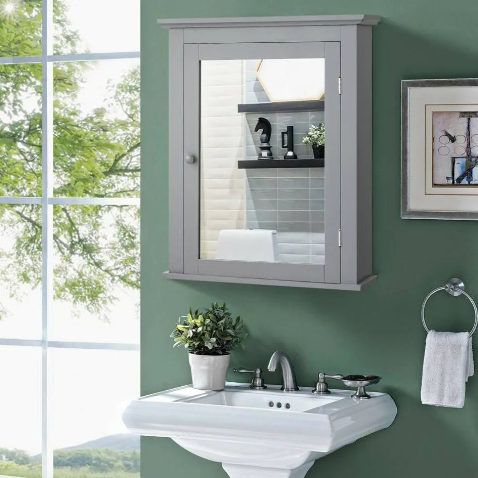 Wall Mount Bathroom Cabinet with Mirror Single Door Adjustable Shelf and Retro Handle