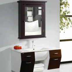 Wall Mount Bathroom Cabinet with Mirror Single Door Adjustable Shelf and Retro Handle