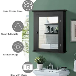 Wall Mount Bathroom Cabinet with Mirror Single Door Adjustable Shelf and Retro Handle