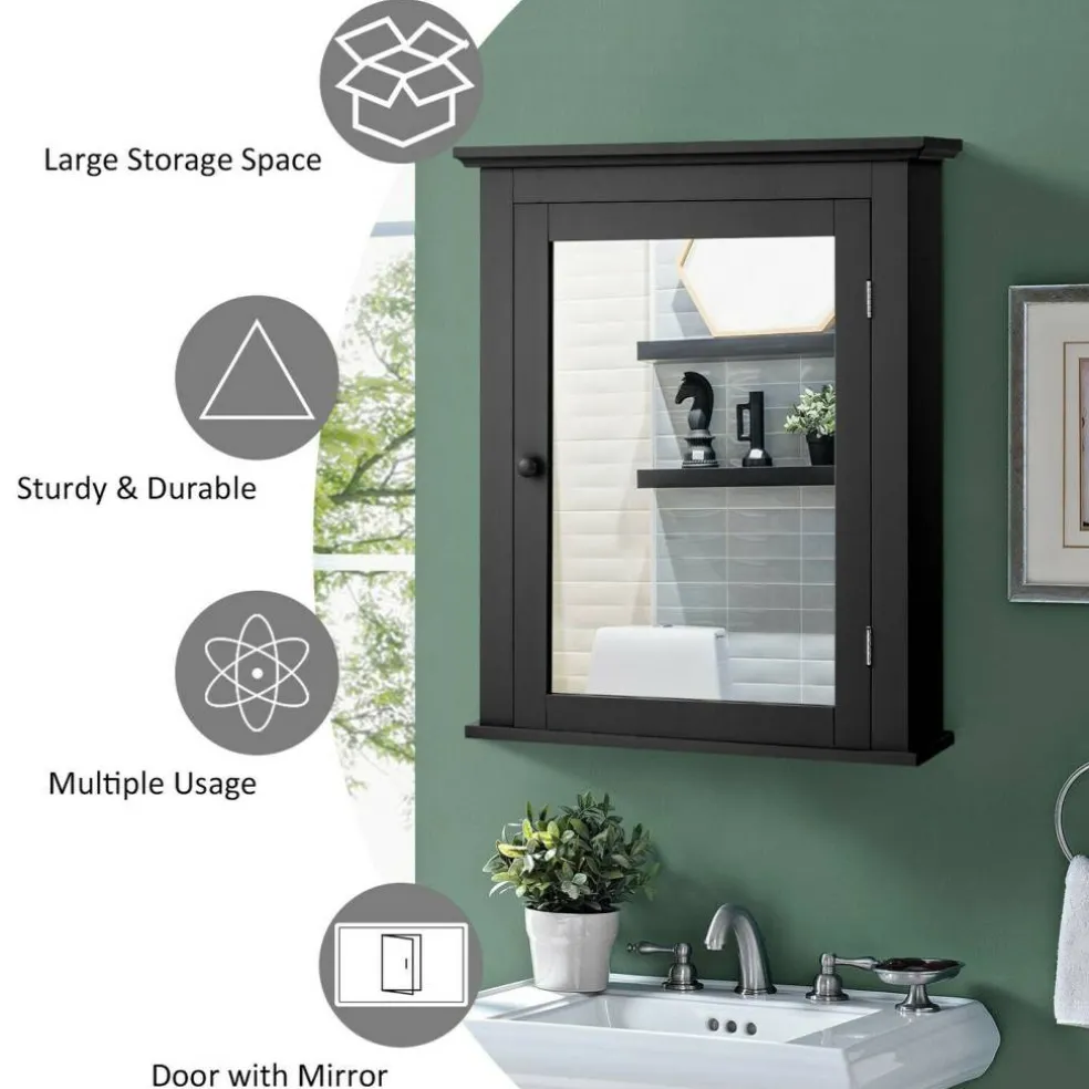 Wall Mount Bathroom Cabinet with Mirror Single Door Adjustable Shelf and Retro Handle