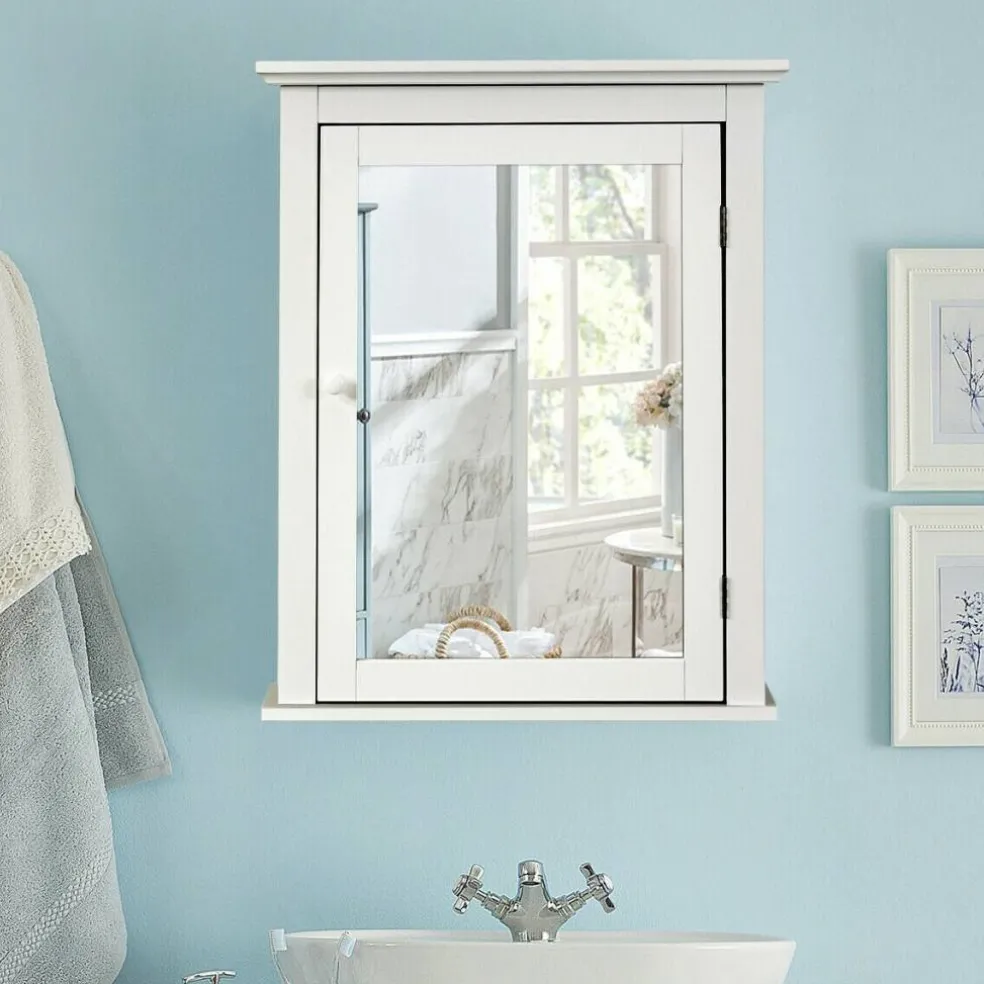 Wall Mount Bathroom Cabinet with Mirror Single Door Adjustable Shelf and Retro Handle