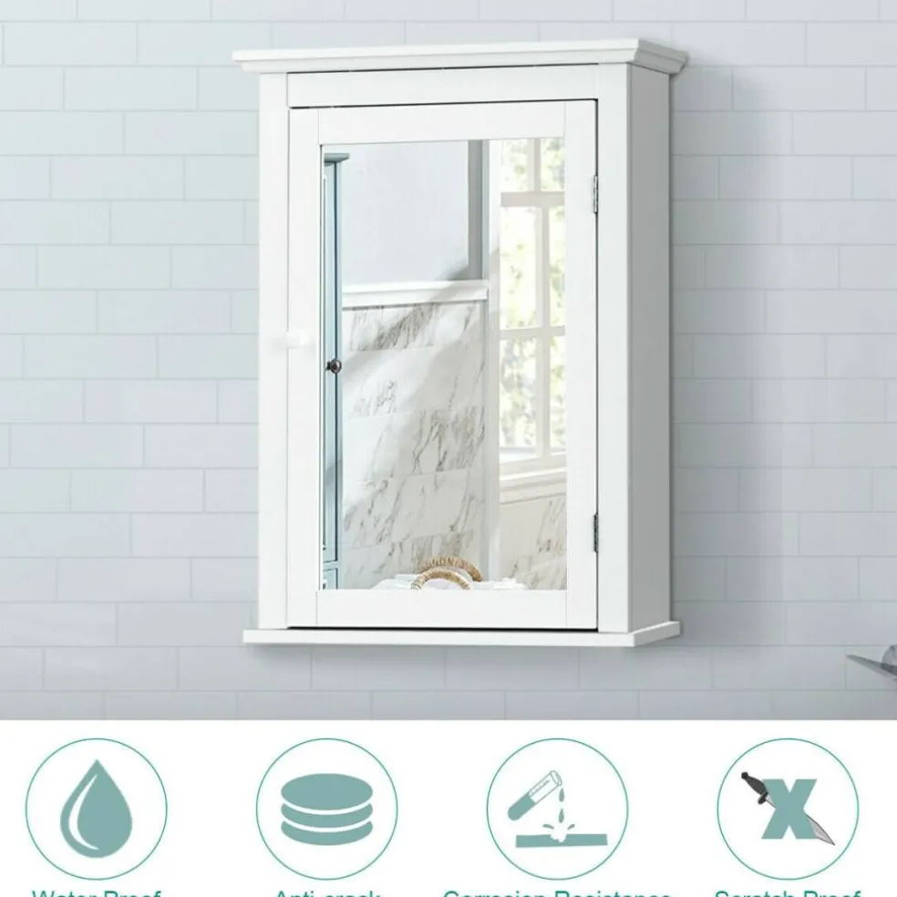 Wall Mount Bathroom Cabinet with Mirror Single Door Adjustable Shelf and Retro Handle