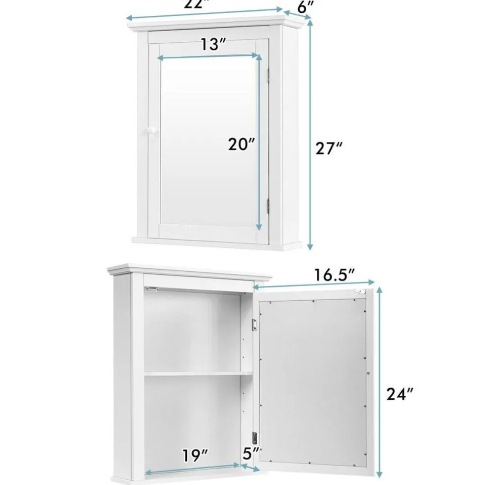 Wall Mount Bathroom Cabinet with Mirror Single Door Adjustable Shelf and Retro Handle