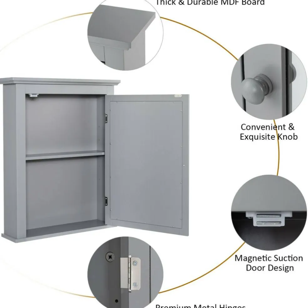 Wall Mount Bathroom Cabinet with Mirror Single Door Adjustable Shelf and Retro Handle