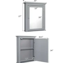Wall Mount Bathroom Cabinet with Mirror Single Door Adjustable Shelf and Retro Handle
