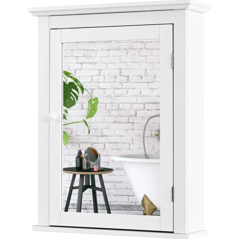 Wall Mount Bathroom Cabinet with Mirror Single Door Adjustable Shelf and Retro Handle
