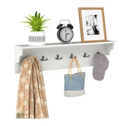 Wall Mounted Coat Rack with Shelf 6 Hooks Entryway Storage Organizer