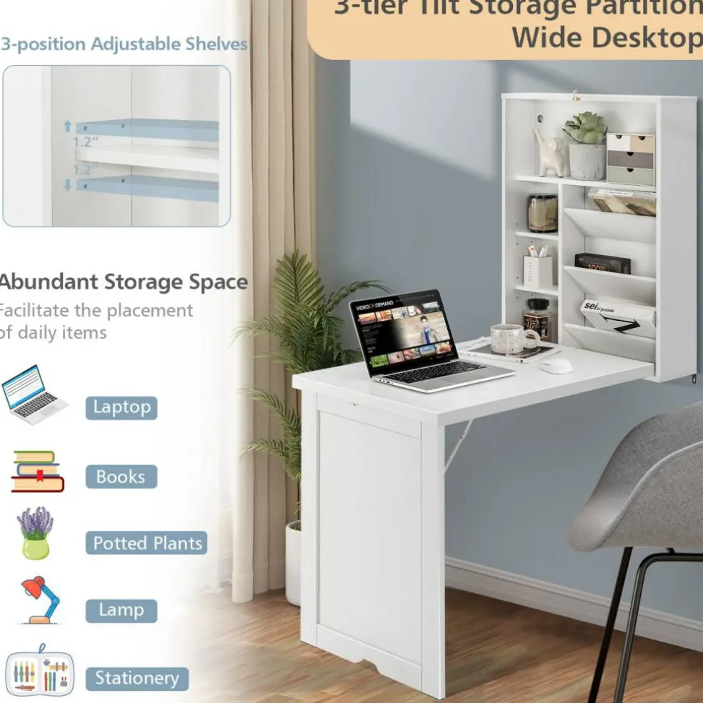 Wall Mounted Fold-Out Convertible Floating Desk Space Saver