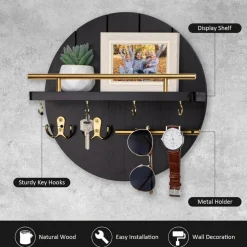 Wall Mount Key Holder, 11.8 Inch Rack With Shelf and 6 Hooks, Rustic Mail Organizer, Circular Wooden Hanger for Entryway Hallway Kitchen (Black&Gold)
