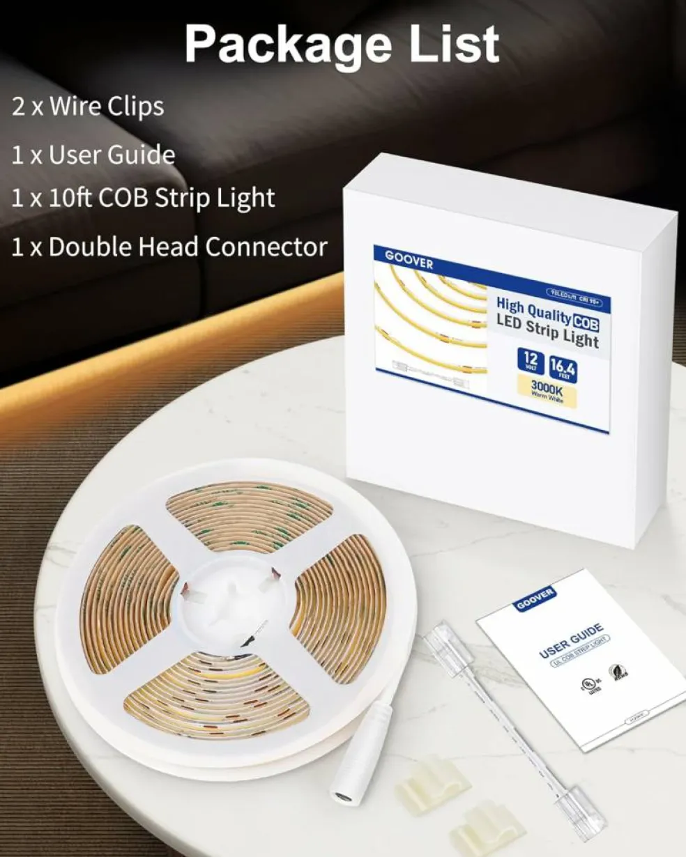 Warm White COB LED DC 12v 3000K Dimmable Strip Lights (Power Source Sold Separately)