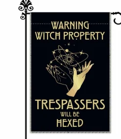 Warning Witch Property Trespassers Will Be Hexed Garden Flag 12.5x18 Inch Double Sided, Funny Witch Farmhouse Yard Flag, Waterproof Outdoor Decor for Porch Lawn Garden Patio